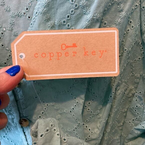 NWT Front Tie Eyelet Button Down Teal Top - Picture 10 of 13